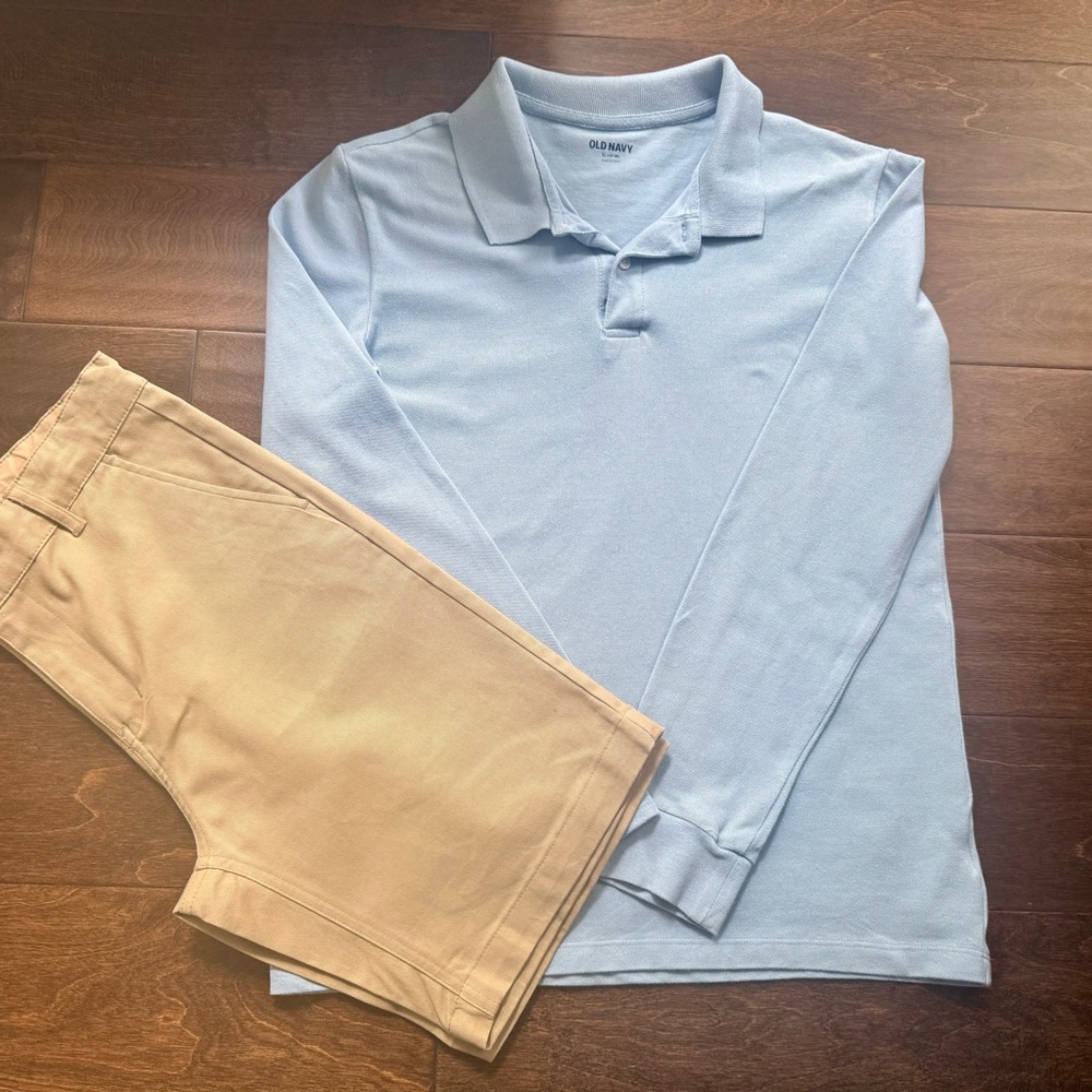 Old Navy Light Blue Polo Shirt and Tan Shorts Set, boys size 14